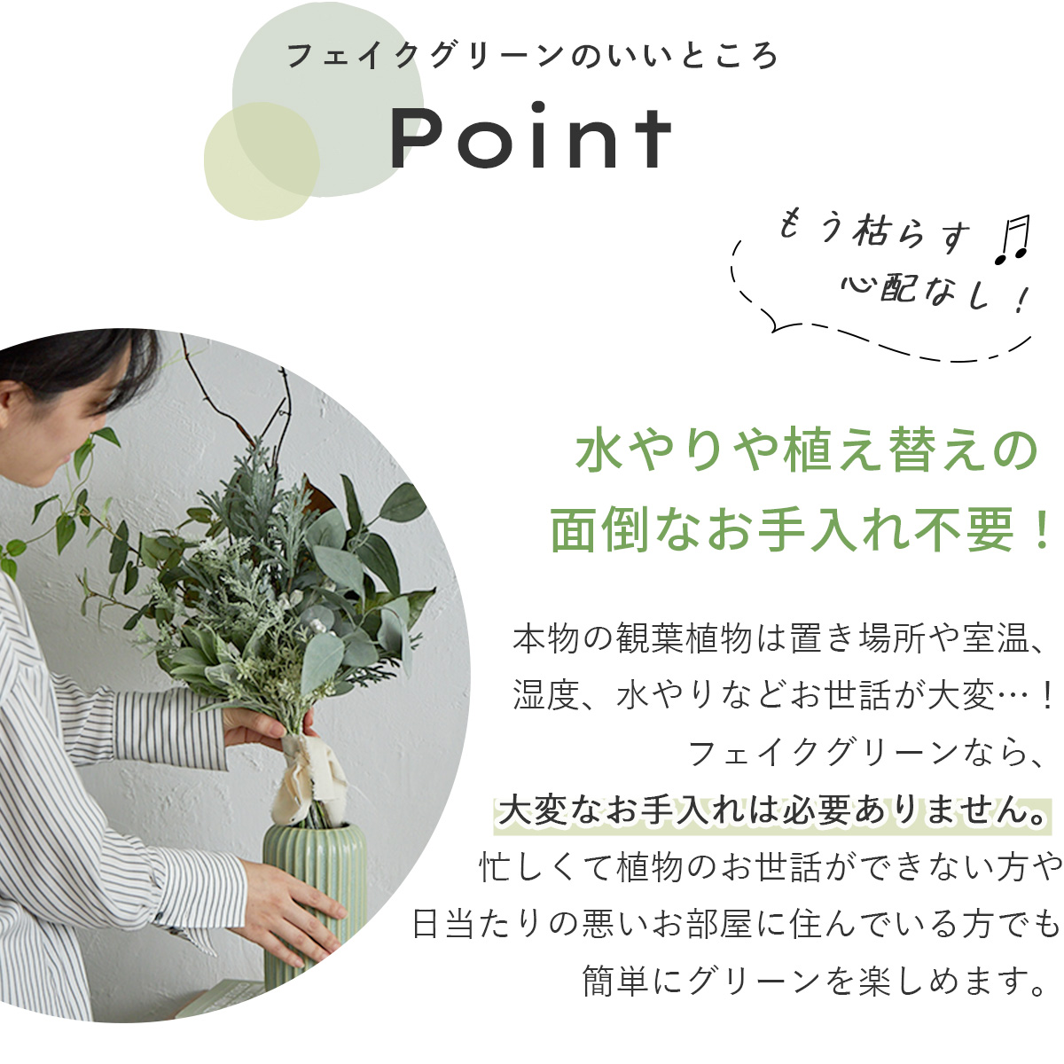 水やりや植え替えの面倒なお手入れ不要！